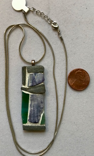 Natural stone, stained glass and shell pendant, 2" x 3/4", with silver chain, 24" $45.00